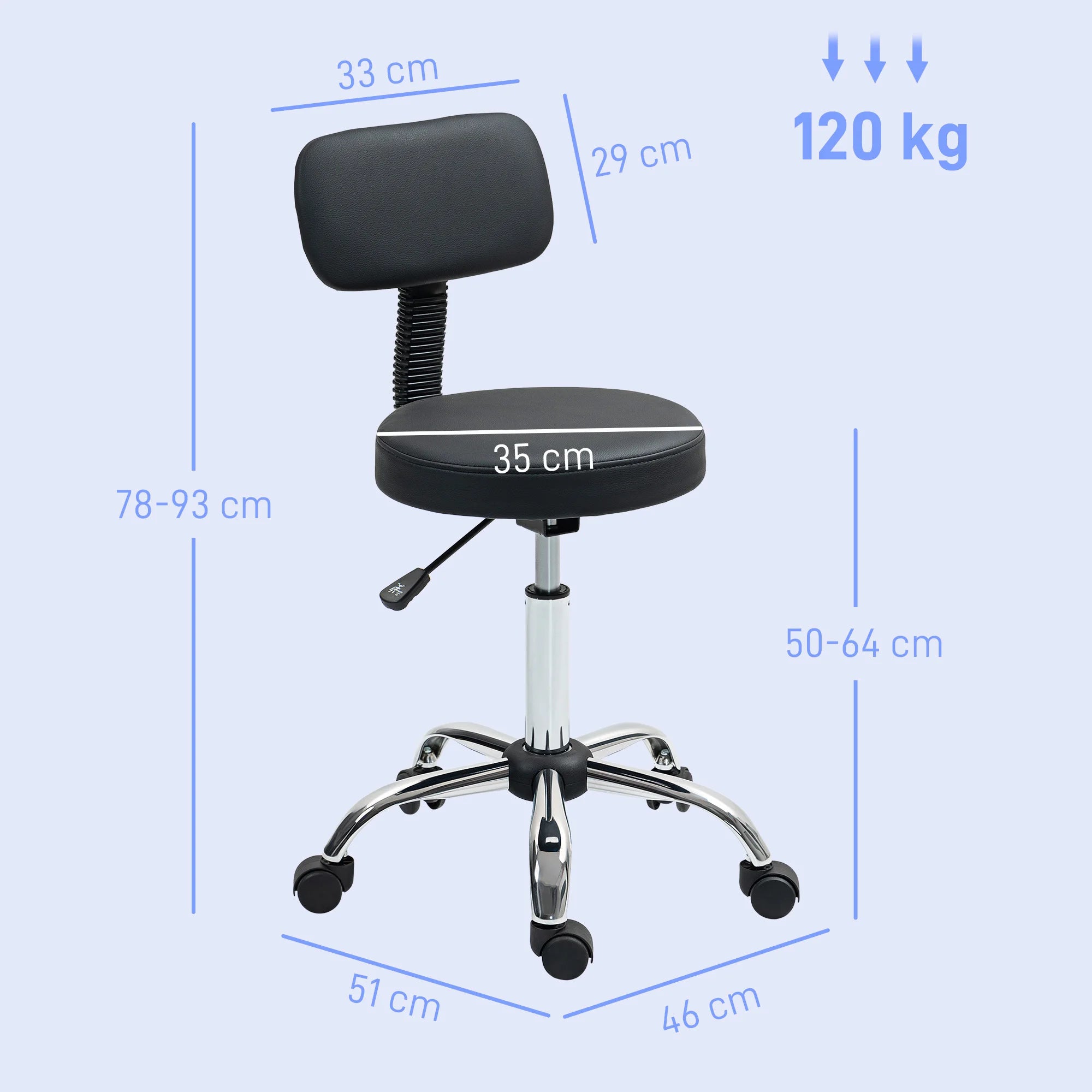 Homcom Swivel Stool with Wheels and Backrest Adjustable Height 78-93 cm Black
